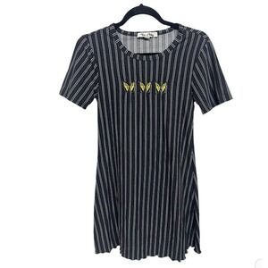 Vine and Valley Lettuce Hem Mini Dressed Black Striped Butterfly Embroidered M